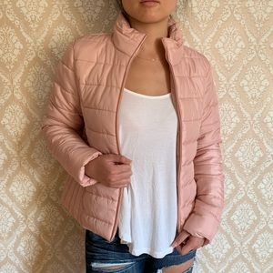 pink puffer jacket